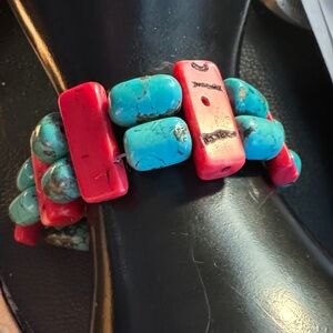 Navajo Southwest Style Turquoise & Red Coral Bracelet w Sterling Hook Closure